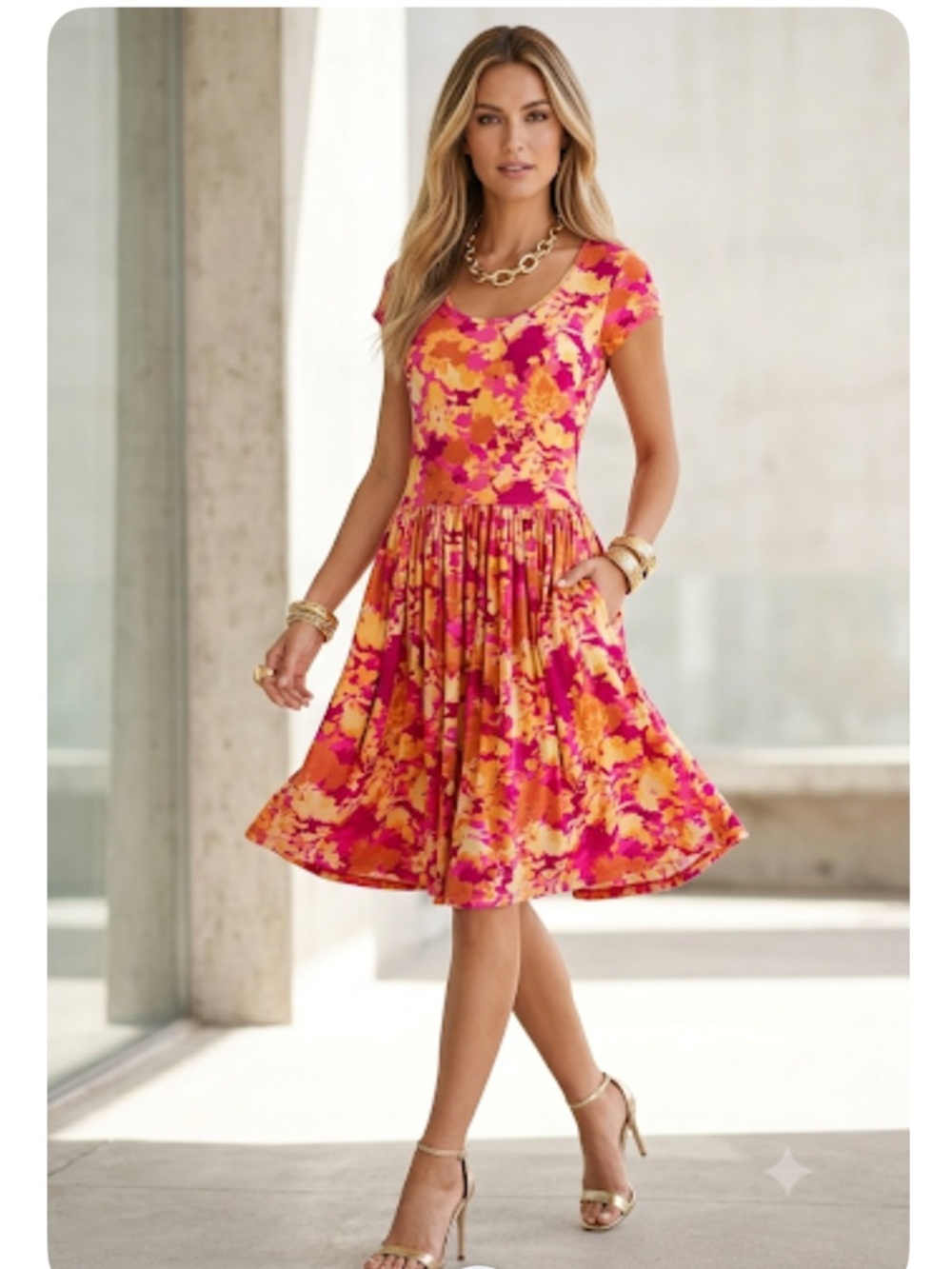 Peruvian Connection Mai Tai Jersey Upper Woven Skirt Floral Dress Pink Yellow XS